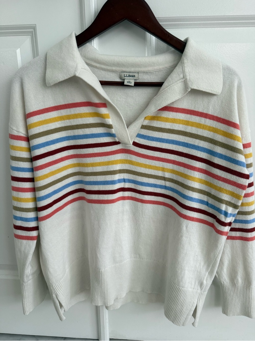 L.L.Bean Cream Knit Collared Stripe Pullover